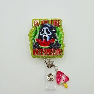 Ghost Face Watermelon Badge Reel With Watermelon Charm Belt Or Alligator Clip